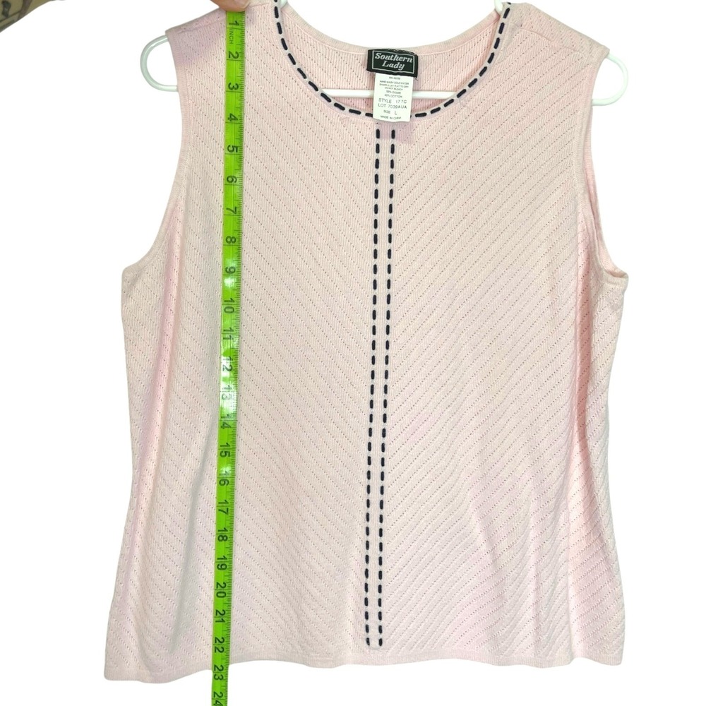 Southern Lady L Pink Knit Shell Tank Contrast Stitch Chevron Grandmacore Preppy - Picture 3 of 5